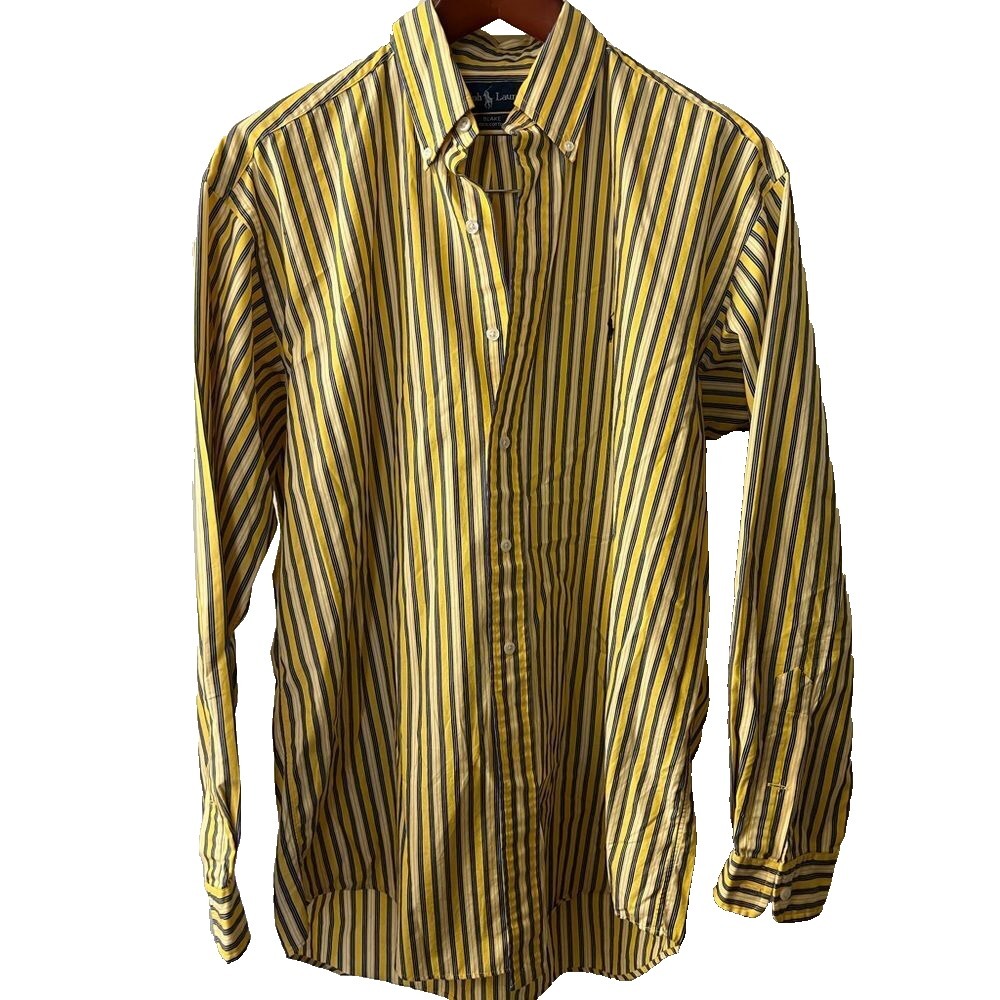 Ralph Lauren Shirt Blake Fit 100% Cotton Yellow Navy Stripe‎ Long Sleeve M